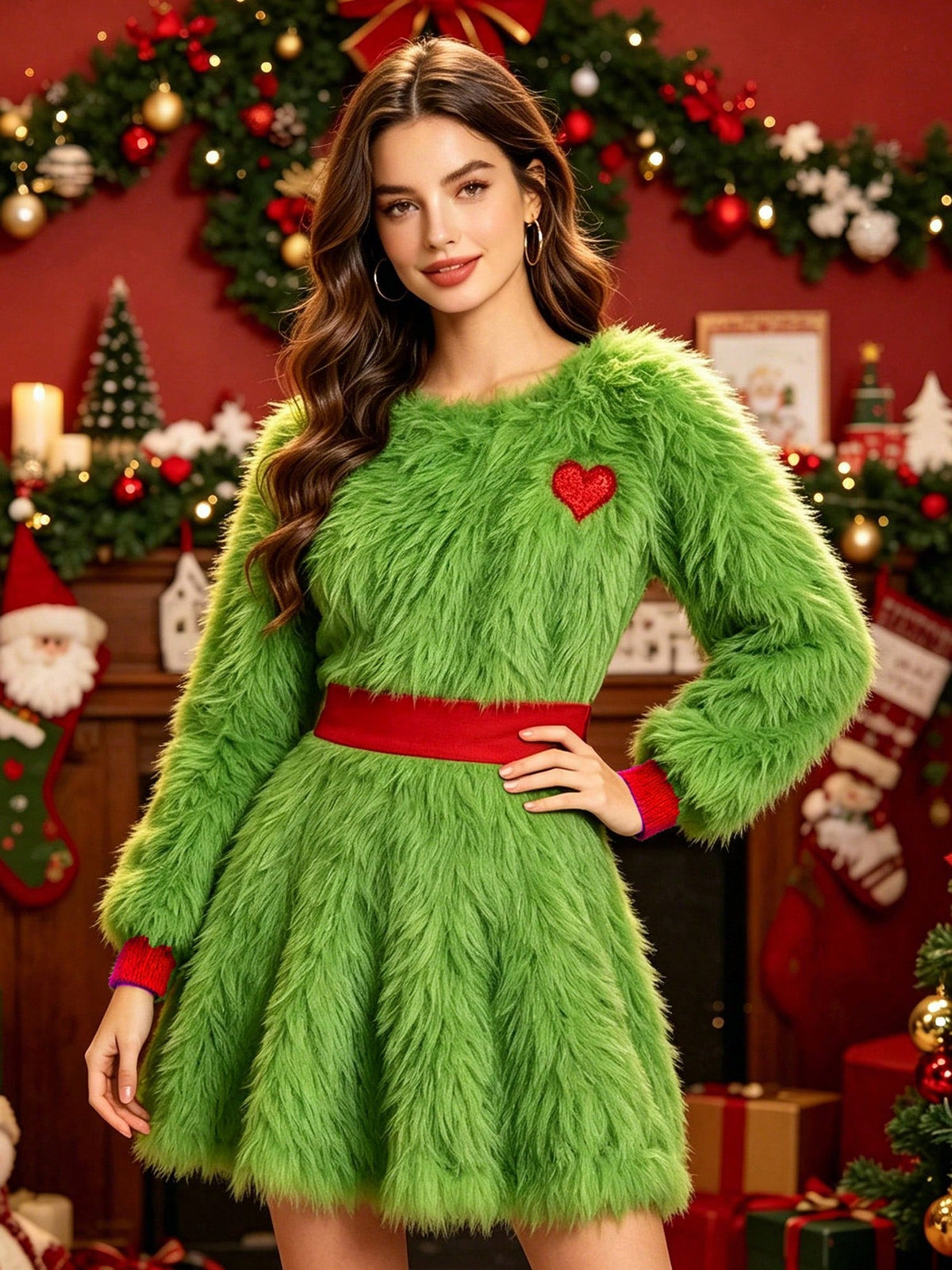 Women's halloween green plush color-block dress