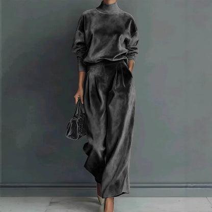 Stylish Velvet Turtleneck Long-sleeved Top and Casual Pocket Wide-leg Pants Set