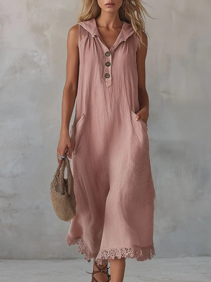Sleeveless Collared Half Button Lace Hem Linen Midi Dress