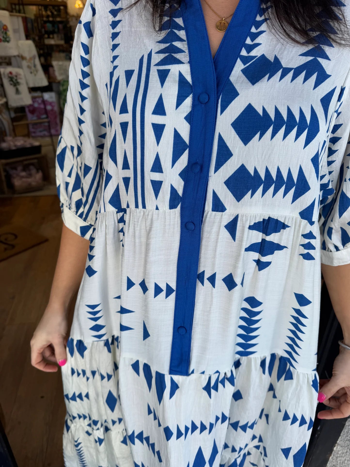 Women's Button V Neck Geometric Print Dress