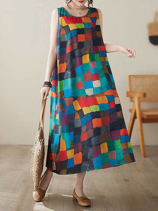 Loose Sleeveless Contrast Color Multi-Colored Plaid Round-Neck Midi Dresses