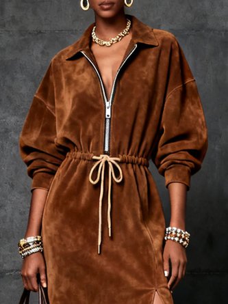 Urban Plain Suede Zipper  Midi Dress