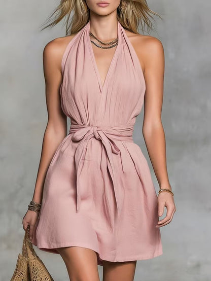 Halter Neck V-Neck Waist Tie Casual Holiday Women'S Dress
