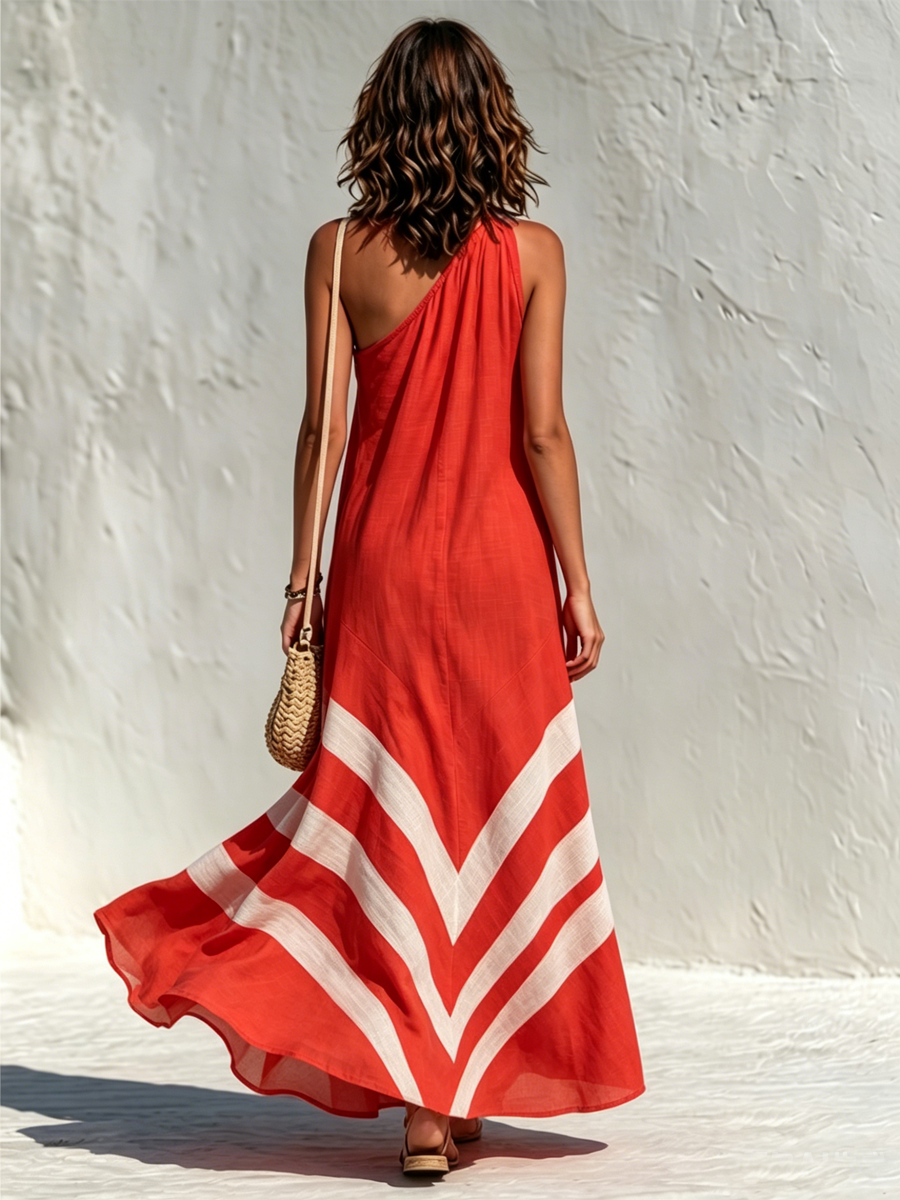 Women's Vacation-Style Cotton-Linen Color-Block One-Shoulder Loose Maxi Dress