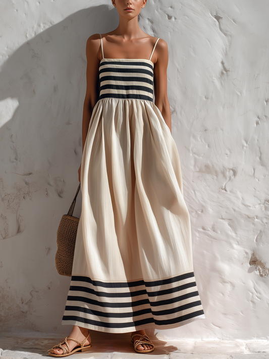 Black And Beige Stripe Spaghetti Strap Maxi Dress