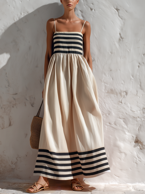 Black And Beige Stripe Spaghetti Strap Maxi Dress