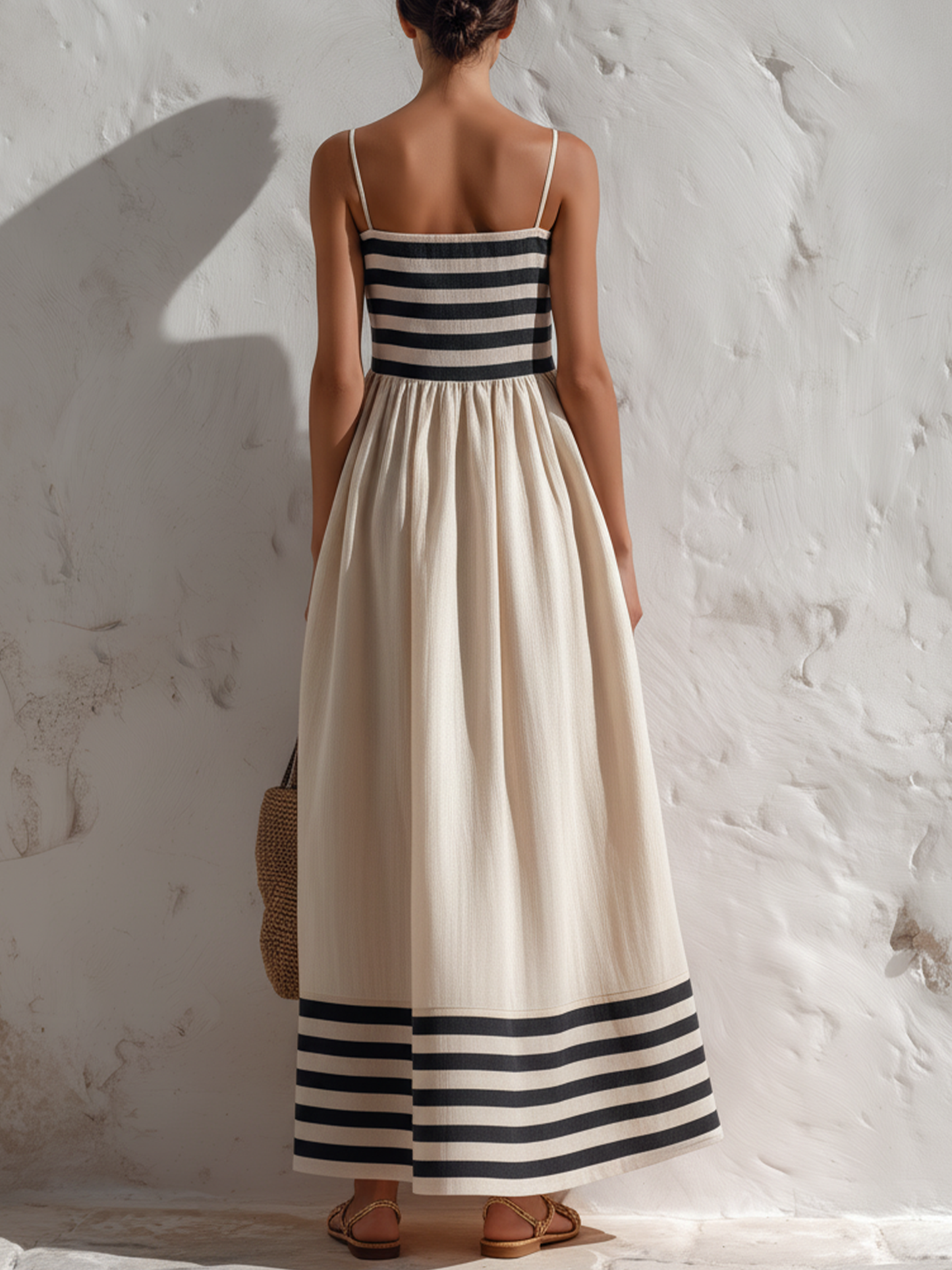 Black And Beige Stripe Spaghetti Strap Maxi Dress