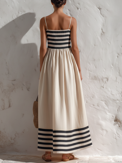 Black And Beige Stripe Spaghetti Strap Maxi Dress