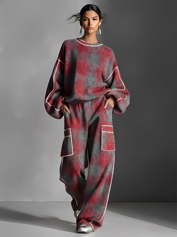 Women's Red And Gray Plaid Brushed Distressed Street Style Color-Blocked Piping Pantsuit Set MDA1065K4I