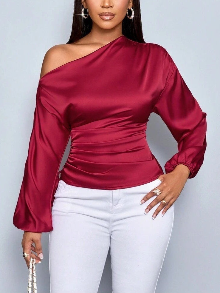 Women's Asymmetrical Long-Sleeved Satin Blouse with Slanted Collar