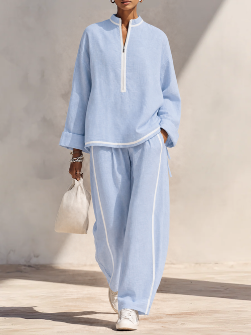 Women's Light‑Blue Linen Fabric Stand‑Collar Half‑Zip Oversized Top & Wide‑Leg Pants Set MDZ1594G5ZRK