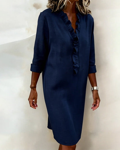 Ruffled V-Neck Solid Color Dress