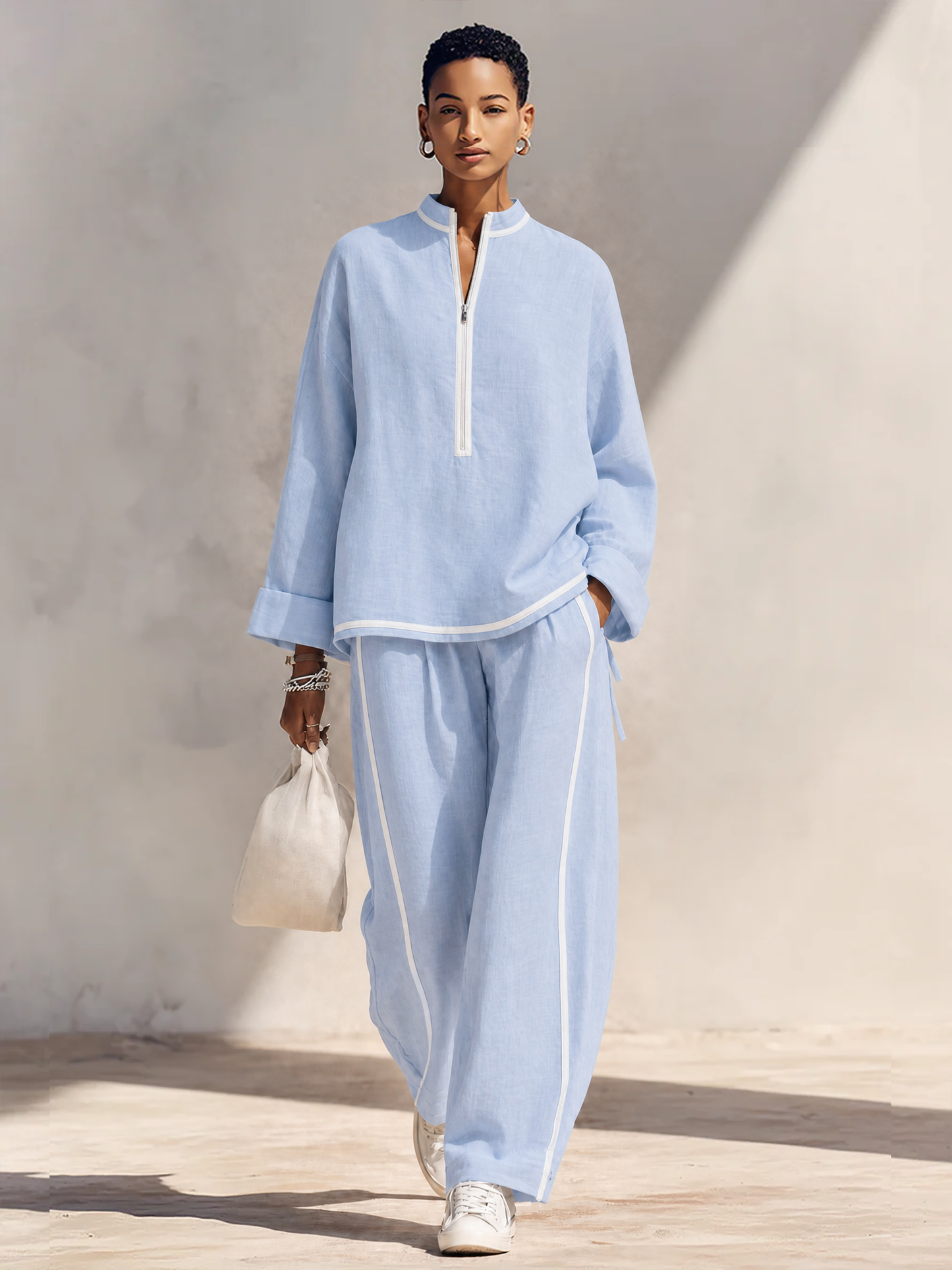 Women's Light‑Blue Linen Fabric Stand‑Collar Half‑Zip Oversized Top & Wide‑Leg Pants Set MDZ1594G5ZRK