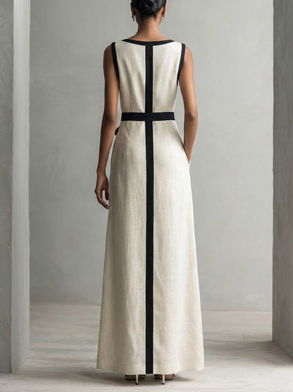 Women's Round Neck Sleeveless Casual Loose Cotton Linen Dress