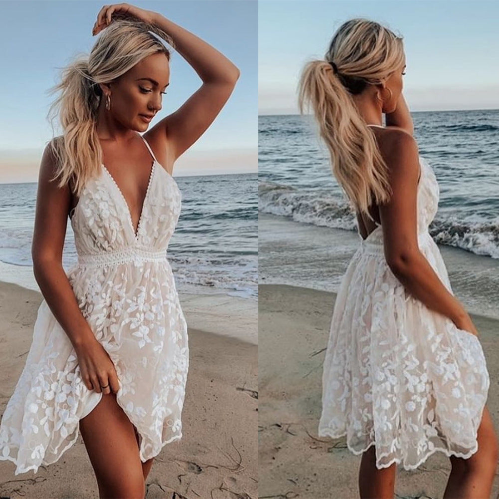 Deep V Spaghetti Strap Lace Midi Dress Backless Floral Swing Beach Party Dress