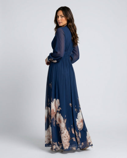 Pleated Sheer Sleeve Navy Maxi Dress