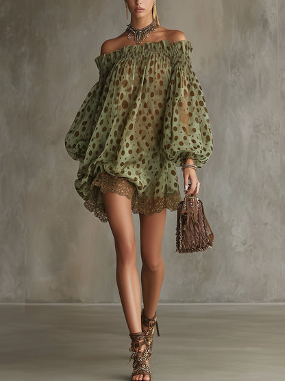 Women Off‑Shoulder Puff Long Sleeve Polka Dot Chiffon Mini Dress