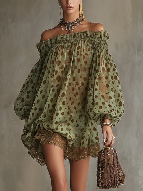 Women Off‑Shoulder Puff Long Sleeve Polka Dot Chiffon Mini Dress