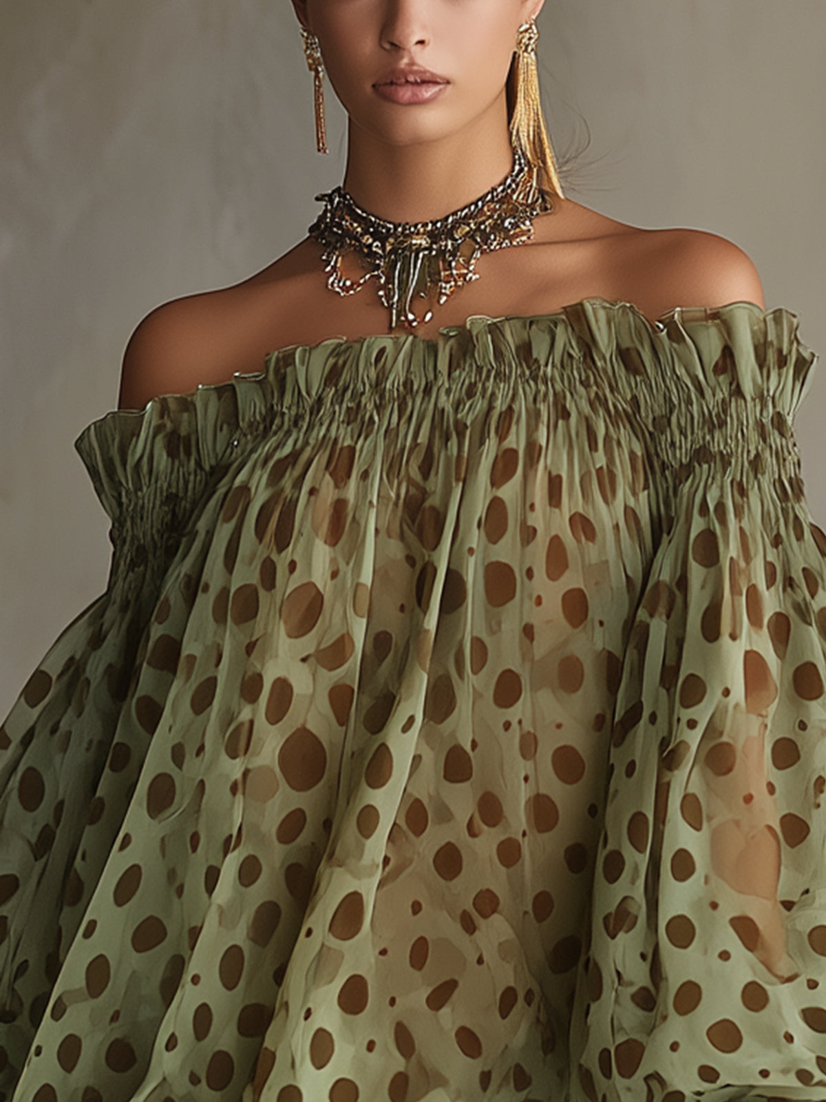 Women Off‑Shoulder Puff Long Sleeve Polka Dot Chiffon Mini Dress