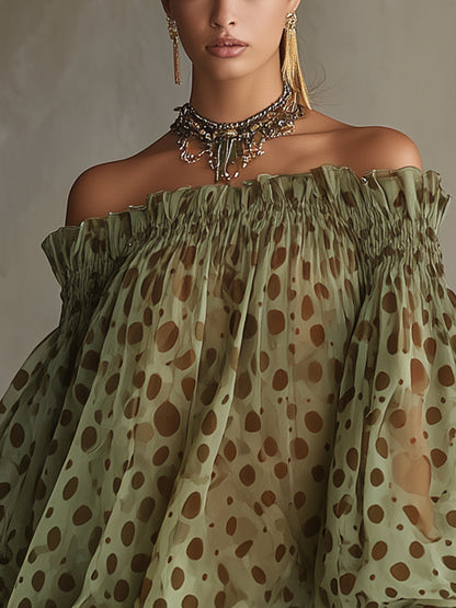 Women Off‑Shoulder Puff Long Sleeve Polka Dot Chiffon Mini Dress