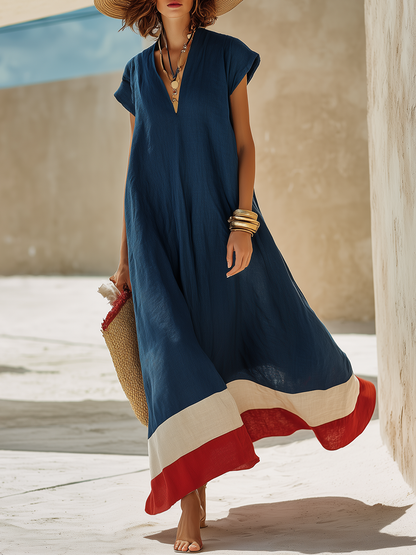 V-Neck Cap Sleeve Color Block Hem Linen Blend Loose Maxi Dress