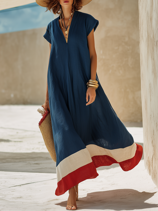 V-Neck Cap Sleeve Color Block Hem Linen Blend Loose Maxi Dress