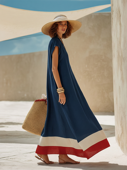 V-Neck Cap Sleeve Color Block Hem Linen Blend Loose Maxi Dress