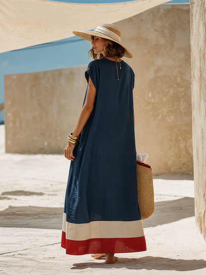 V-Neck Cap Sleeve Color Block Hem Linen Blend Loose Maxi Dress