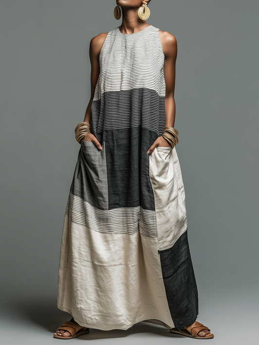 Women's Linen-Blend Color Block Striped Sleeveless Maxi Dress With Pockets