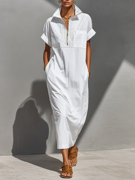 Women's White 100% Cotton Maxi Shirt Dress With Half-Zip Collar & Rolled Sleeves, Timeless Casual Everyday Dress