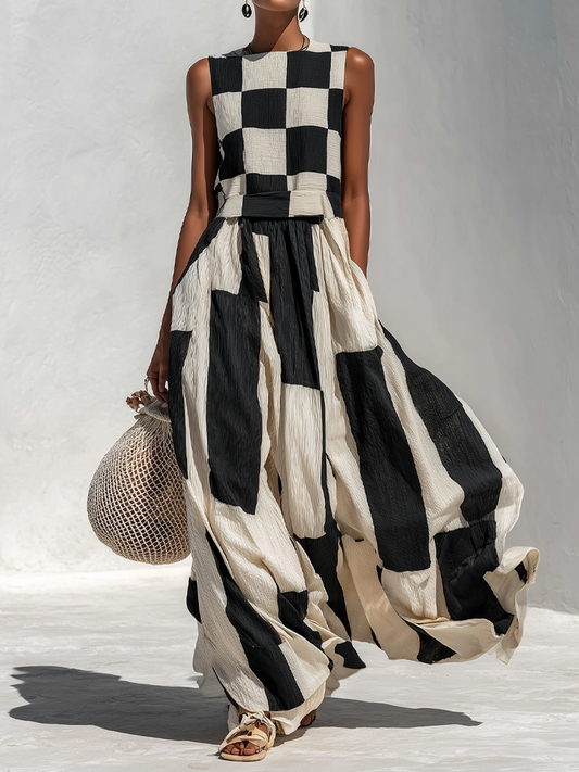 Checkerboard Patchwork Sleeveless Maxi Dress