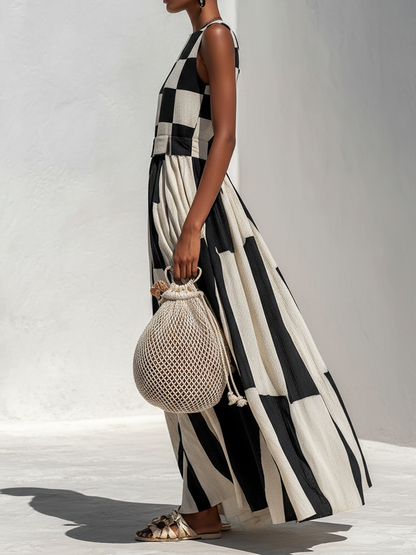 Checkerboard Patchwork Sleeveless Maxi Dress