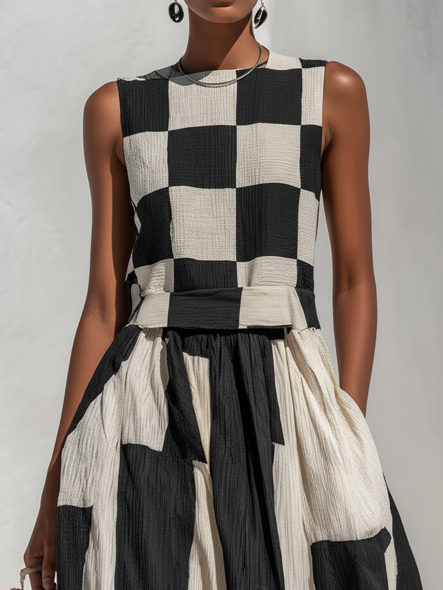 Checkerboard Patchwork Sleeveless Maxi Dress