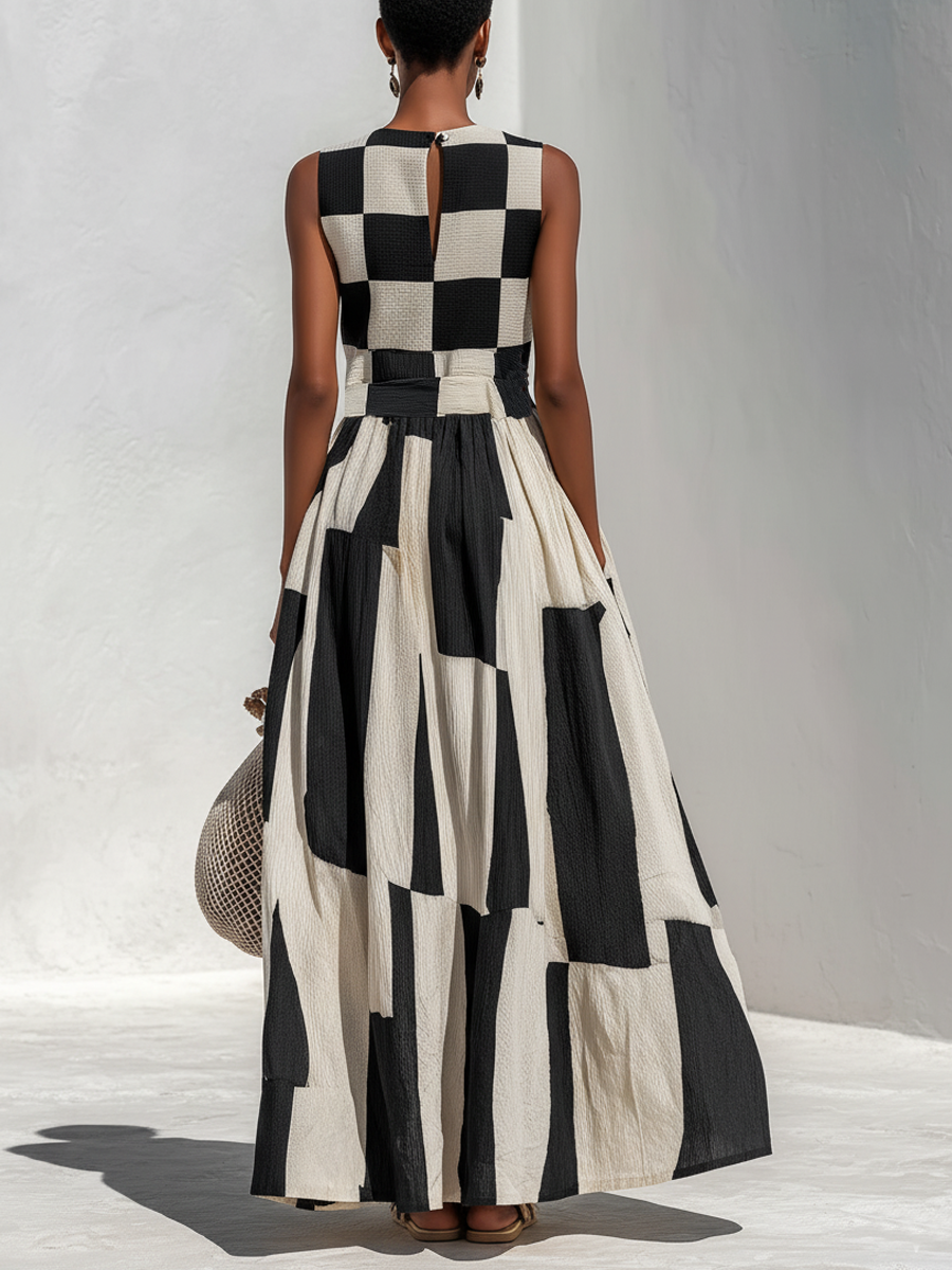 Checkerboard Patchwork Sleeveless Maxi Dress