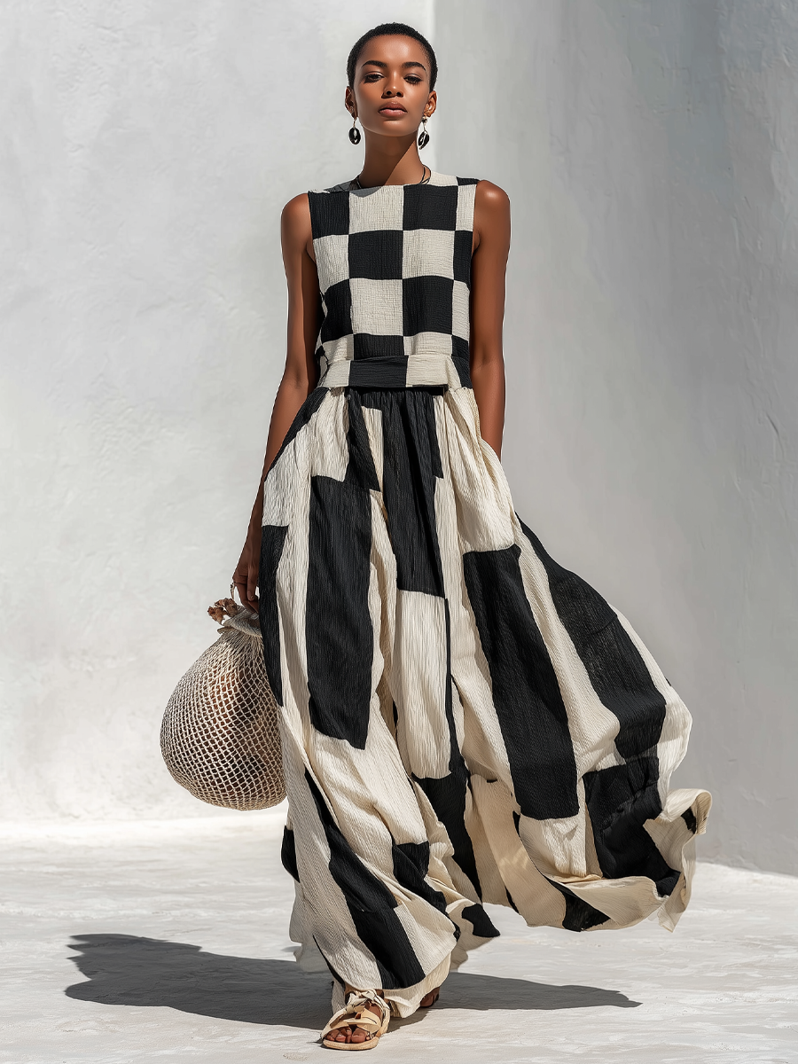 Checkerboard Patchwork Sleeveless Maxi Dress