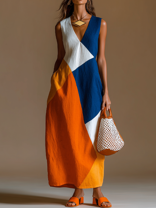 Women's Casual Vacation-Style Loose-Fit, Sleeveless, V-Neck, Multi-Color Patchwork Cotton-Linen Maxi Dress