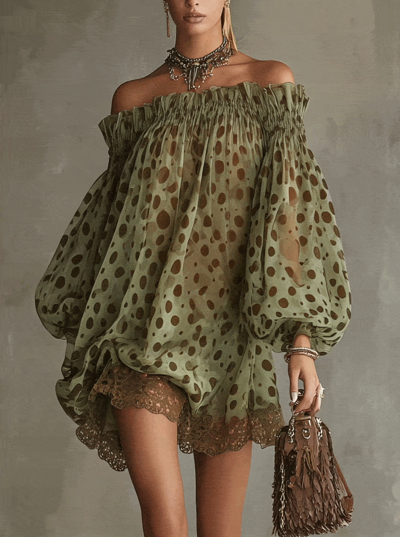 Women Off‑Shoulder Puff Long Sleeve Polka Dot Chiffon Mini Dress