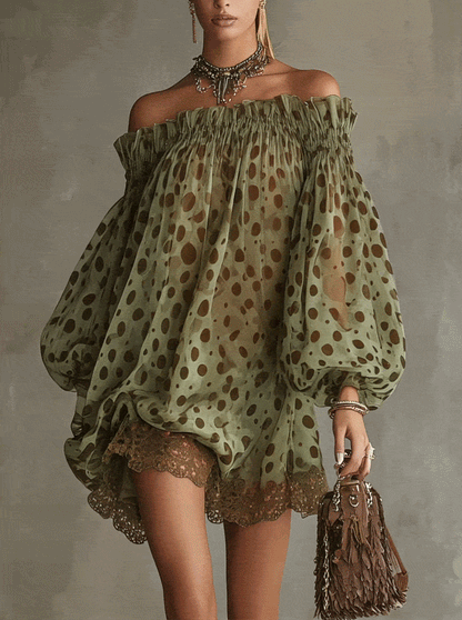 Women Off‑Shoulder Puff Long Sleeve Polka Dot Chiffon Mini Dress