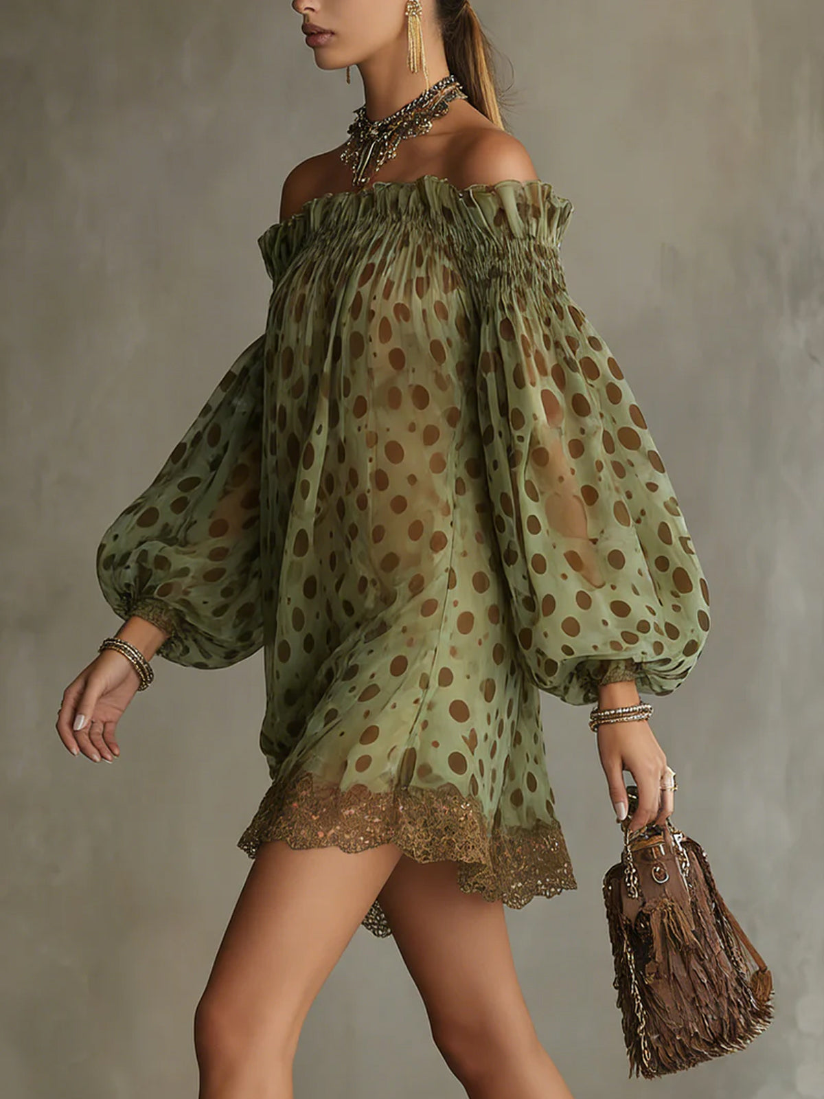 Women Off‑Shoulder Puff Long Sleeve Polka Dot Chiffon Mini Dress