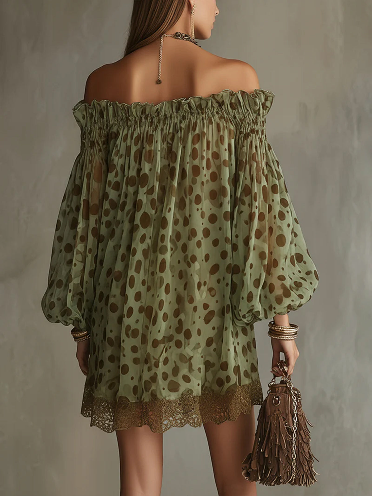 Women Off‑Shoulder Puff Long Sleeve Polka Dot Chiffon Mini Dress