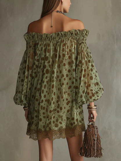Women Off‑Shoulder Puff Long Sleeve Polka Dot Chiffon Mini Dress