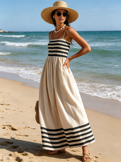 Black And Beige Stripe Spaghetti Strap Maxi Dress