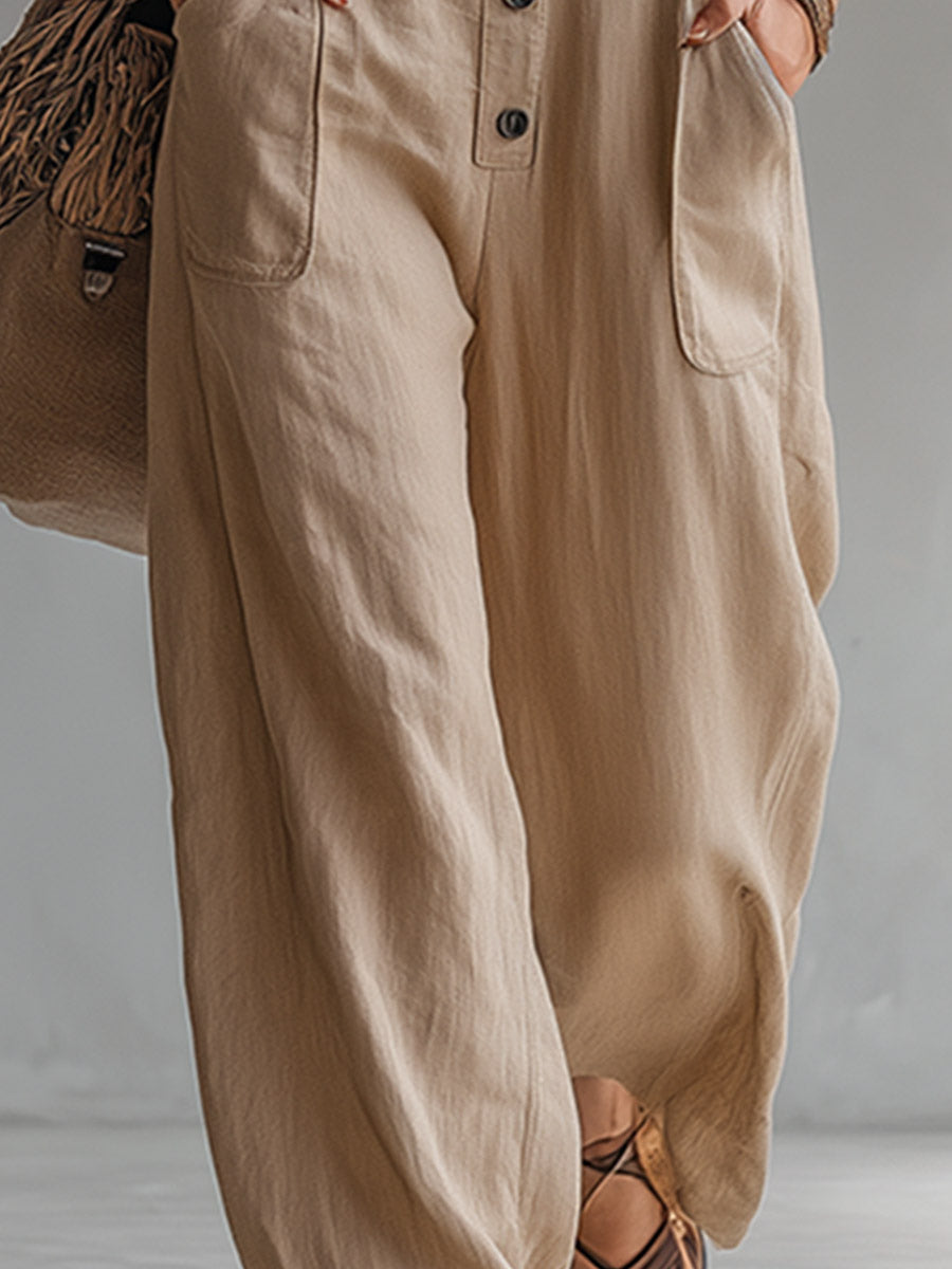 Vintage-style Casual Khaki Cotton Utility-style Sleeveless Jumpsuit
