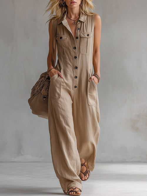 Vintage-style Casual Khaki Cotton Utility-style Sleeveless Jumpsuit