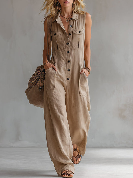 Vintage-style Casual Khaki Cotton Utility-style Sleeveless Jumpsuit