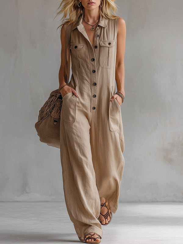 Vintage-style Casual Khaki Cotton Utility-style Sleeveless Jumpsuit
