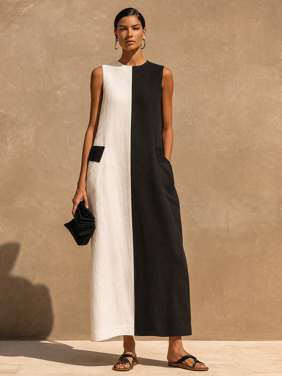 Women's Casual Cotton-Linen Color-Block Maxi Dress