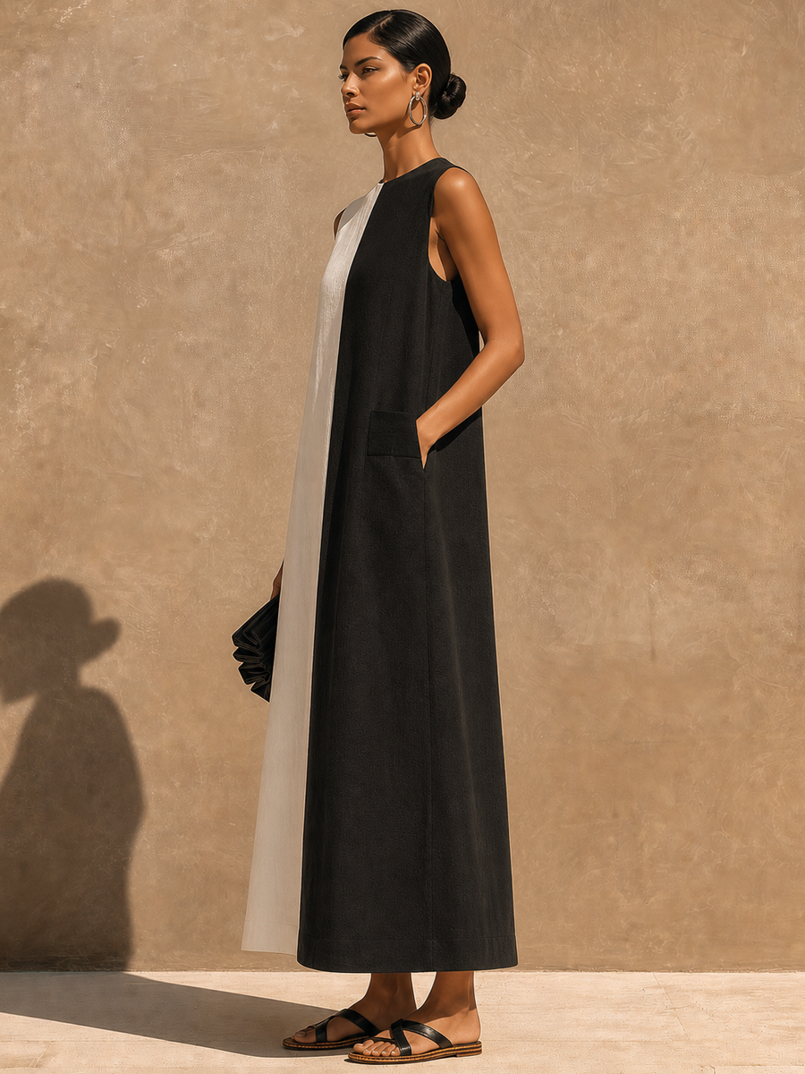 Women's Casual Cotton-Linen Color-Block Maxi Dress