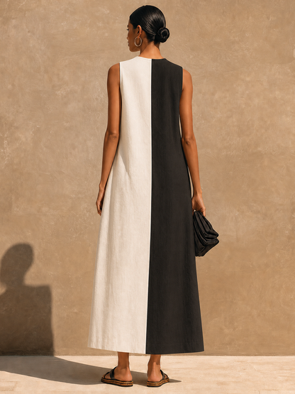 Women's Casual Cotton-Linen Color-Block Maxi Dress