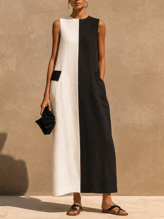 Women's Casual Cotton-Linen Color-Block Maxi Dress